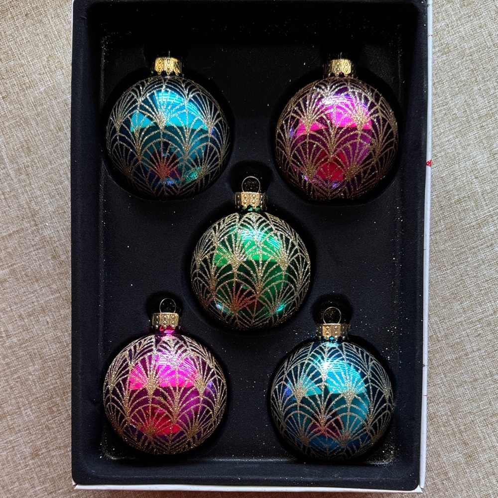 NIB Macy’s‎ Holiday Lane Glass Ornaments Art Deco Fan Gold Glitter Set Of 5